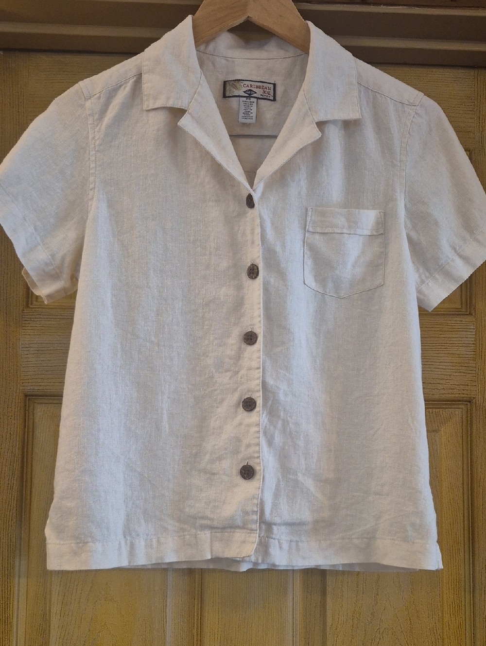 Caribbean Joe Petite Short Sleeve Button Up 100% Linen Shirt Chest Pocket Cream